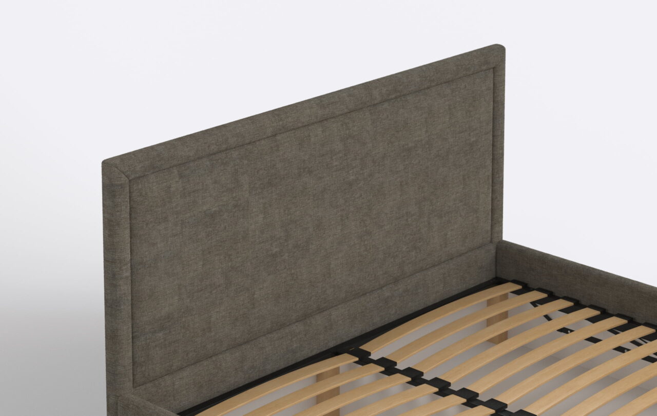 Wysoki zagłówek łóżka tapicerowanego w brązowym kolorze, minimalistyczny design.