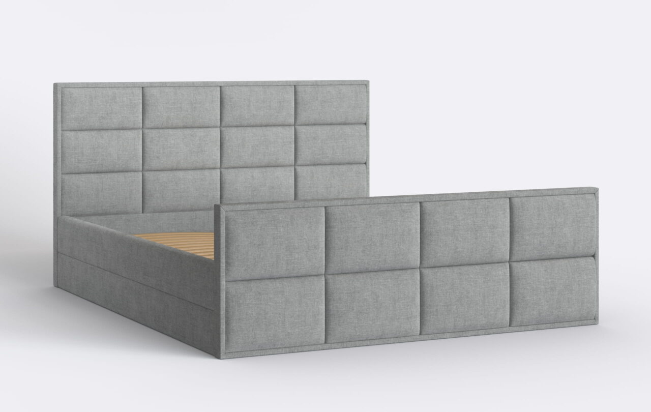 Łóżko z panelami tapicerowanymi, szara plecionka.