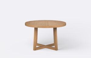 Jasny modernistyczny stół o okrągłym blacie, z funkcja rozkładania, nogi wykonane z litego drewna dębowego, wybarwienie naturalne.