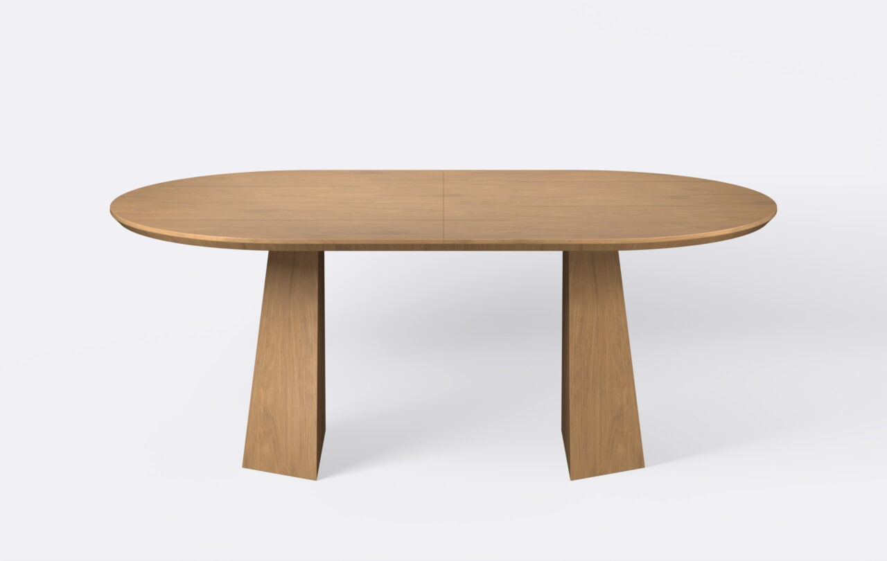 Stół owalny na podwójnej podstawie z możliwością rozłożenia, wykonany z forniru dębowego, wybarwienie jasny dąb.