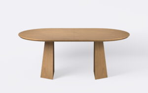 Stół owalny na podwójnej podstawie z możliwością rozłożenia, wykonany z forniru dębowego, wybarwienie jasny dąb.