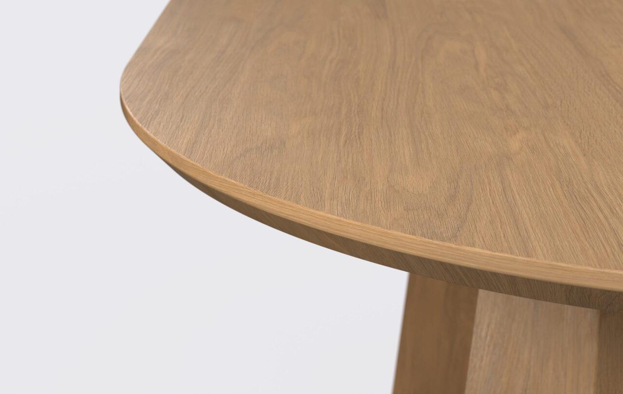 Owalny blat stołu z podcięta krawędzią od dołu, fornirowany, dąb naturalny.