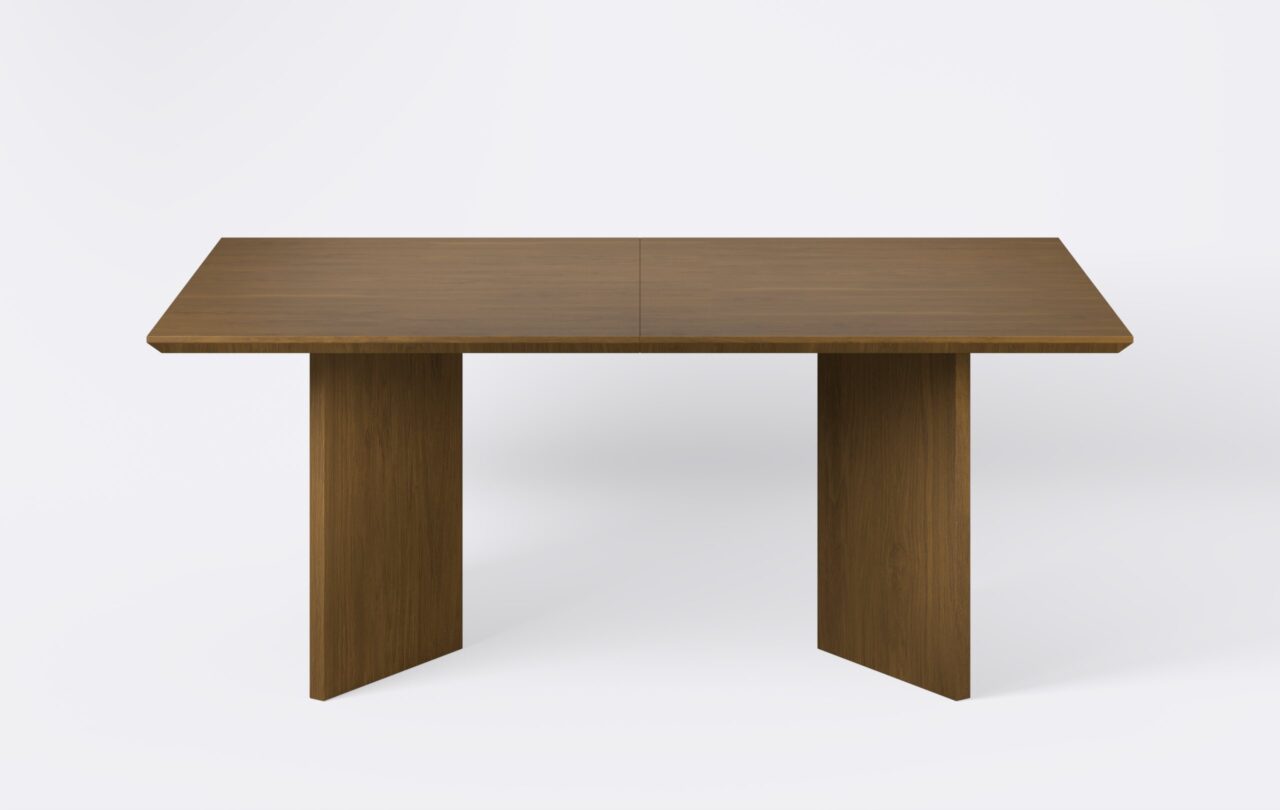 Nowoczesny stół na dwóch nogach, blat z forniru.