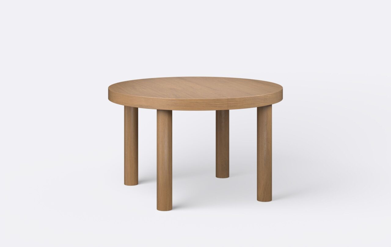 Modernistyczny dębowy stół z okrągłym blatem, z funkcją rozkładania, fornirowany, minimalistyczny.