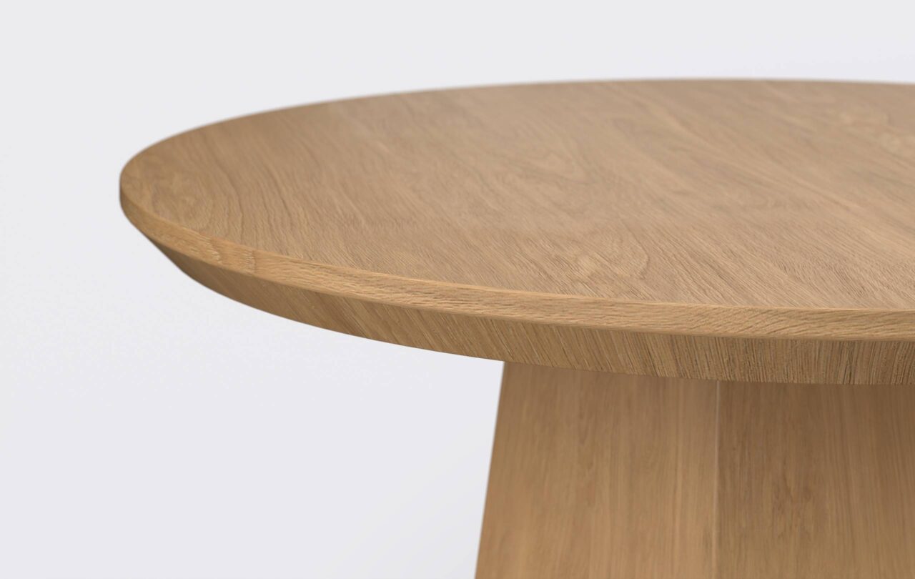 Okrągły stolik kawowy na jednej nodze, jasny stolik do salonu, wykonany z forniru naturalnego.