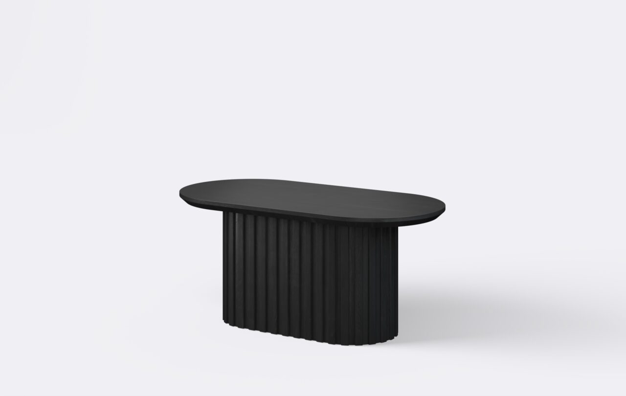 Ława kawowa z lamelami, stolik z owalnym blatem, drewniany.