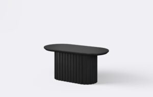 Ława kawowa z lamelami, stolik z owalnym blatem, drewniany.