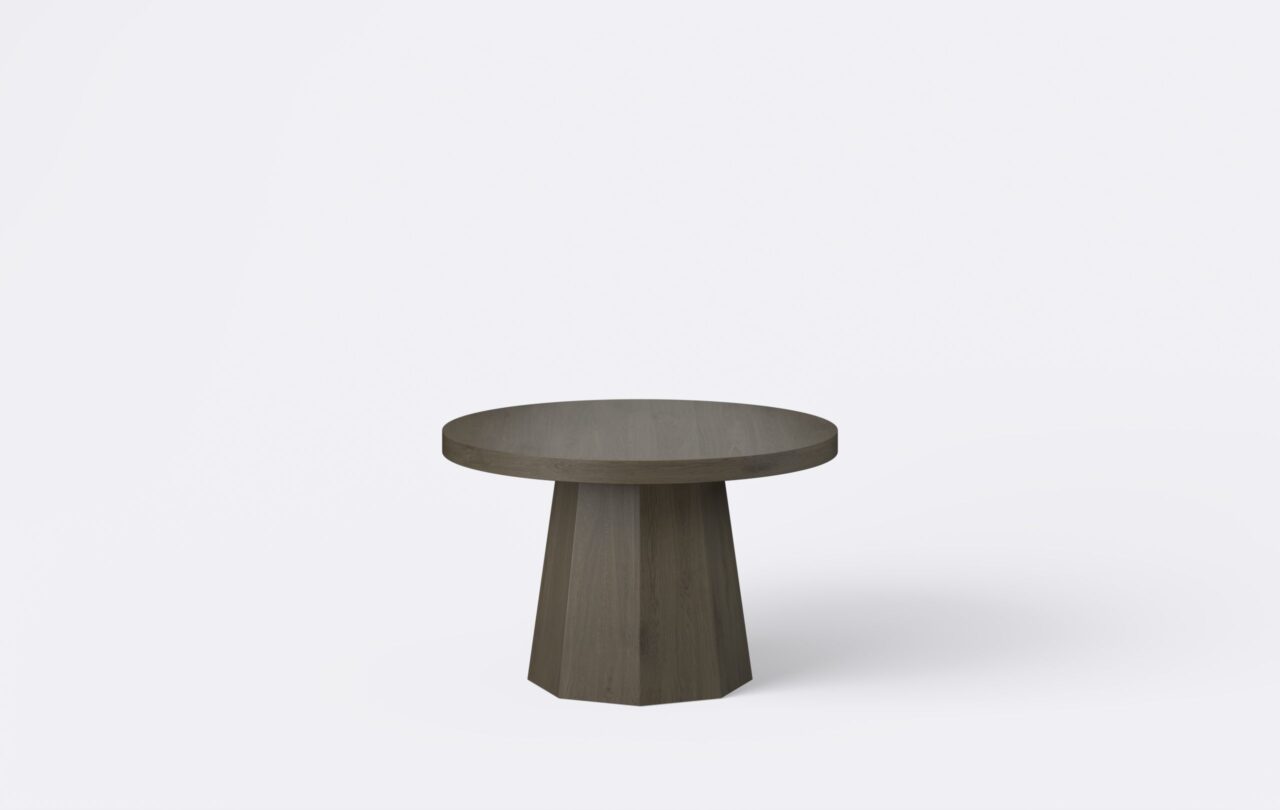 Nowoczesny stolik kawowy na podstawie, fornir, ciemny, blat z prostą krawędzią.