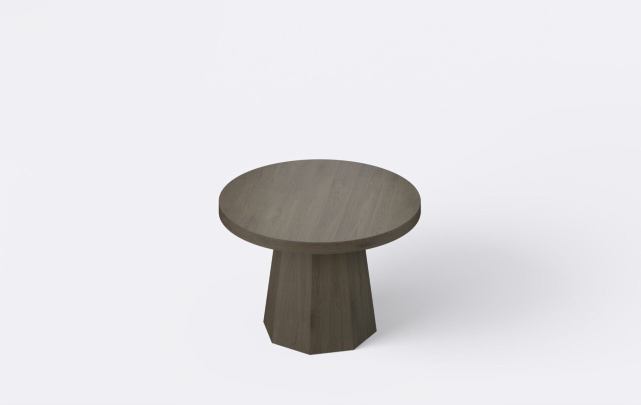 Okrągły dębowy stolik kawowy na jednej nodze, stożkowa podstawa, fornir.
