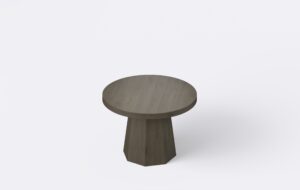 Okrągły dębowy stolik kawowy na jednej nodze, stożkowa podstawa, fornir.