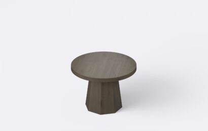 Okrągły dębowy stolik kawowy na jednej nodze, stożkowa podstawa, fornir.