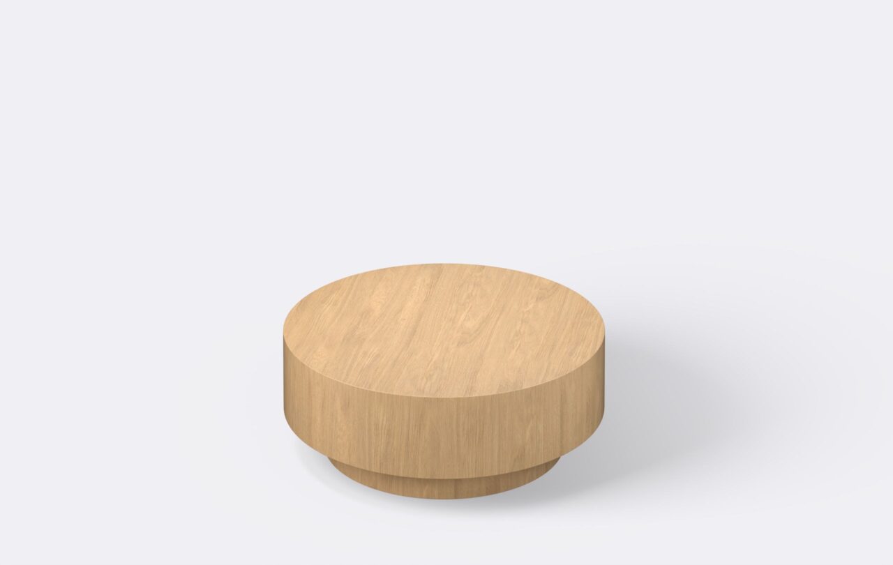 Minimalistyczny okrągły stolik kawowy, niski, gruby blat.