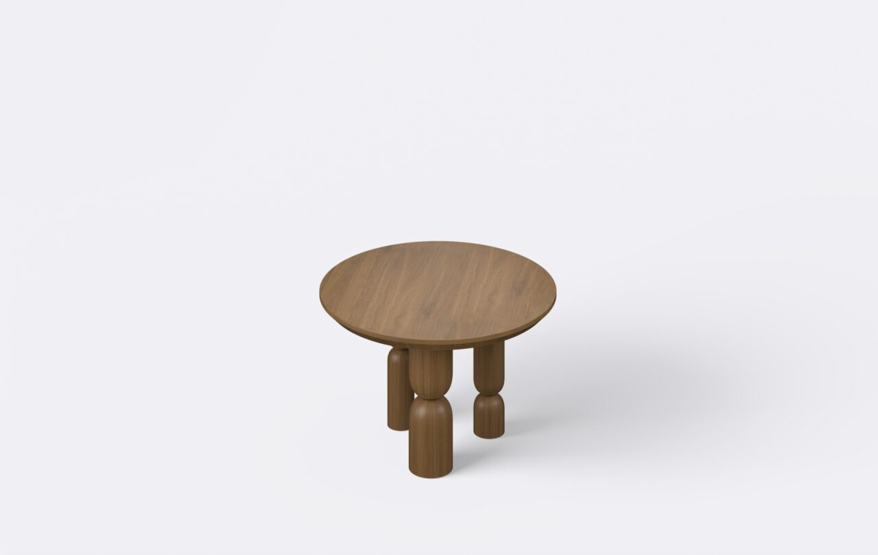 Stolik do salonu z okrągłym blatem, pasuje do wnętrza w stylu japandi.