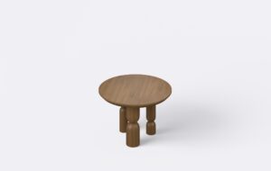 Stolik do salonu z okrągłym blatem, pasuje do wnętrza w stylu japandi.