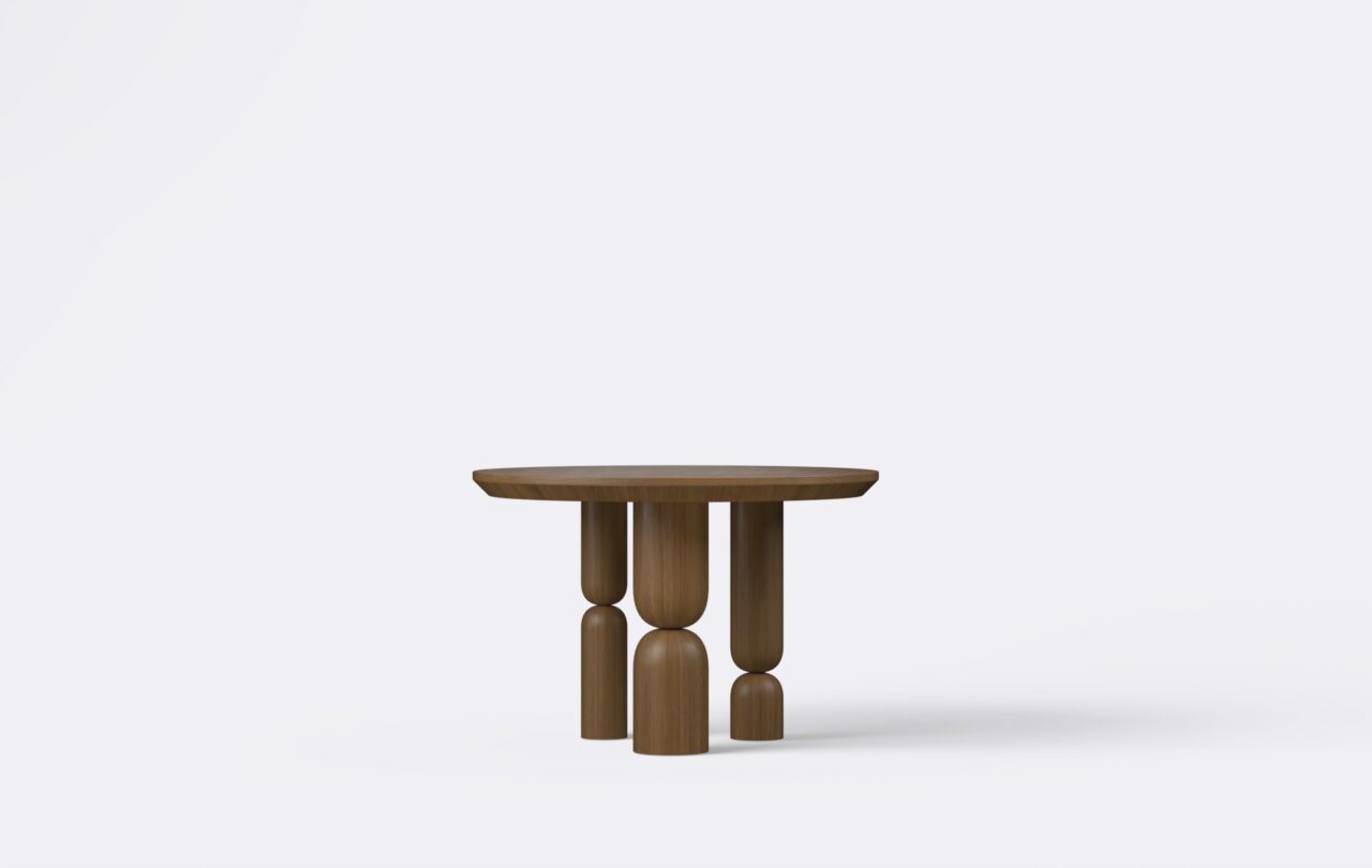 Okrągły stolik kawowy do salonu, na trzech okrągłych nogach, kolor orzech.