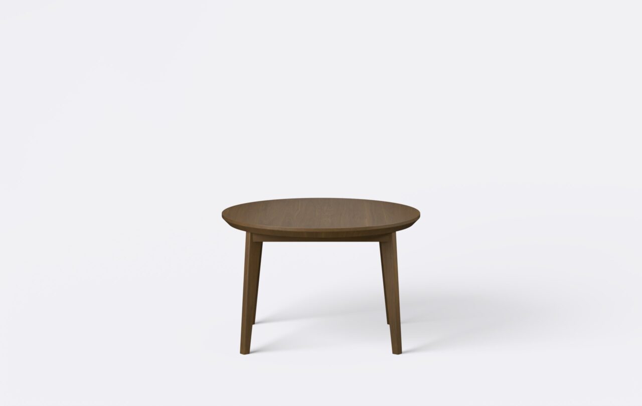 Mały stoliczek do salonu, japandi, boho, w kolorze orzecha, na czterech nogach.