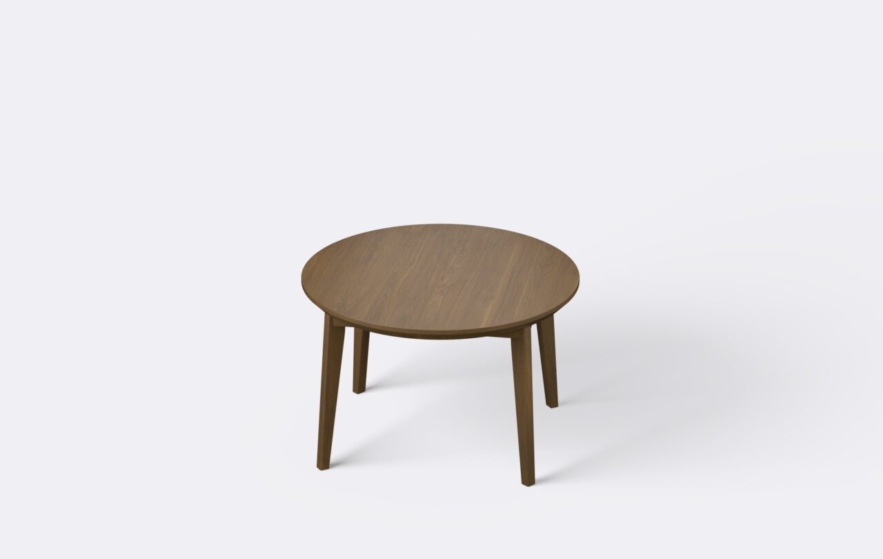 Nowoczesny stolik kawowy z okrągłym blatem, wykonany z forniru.