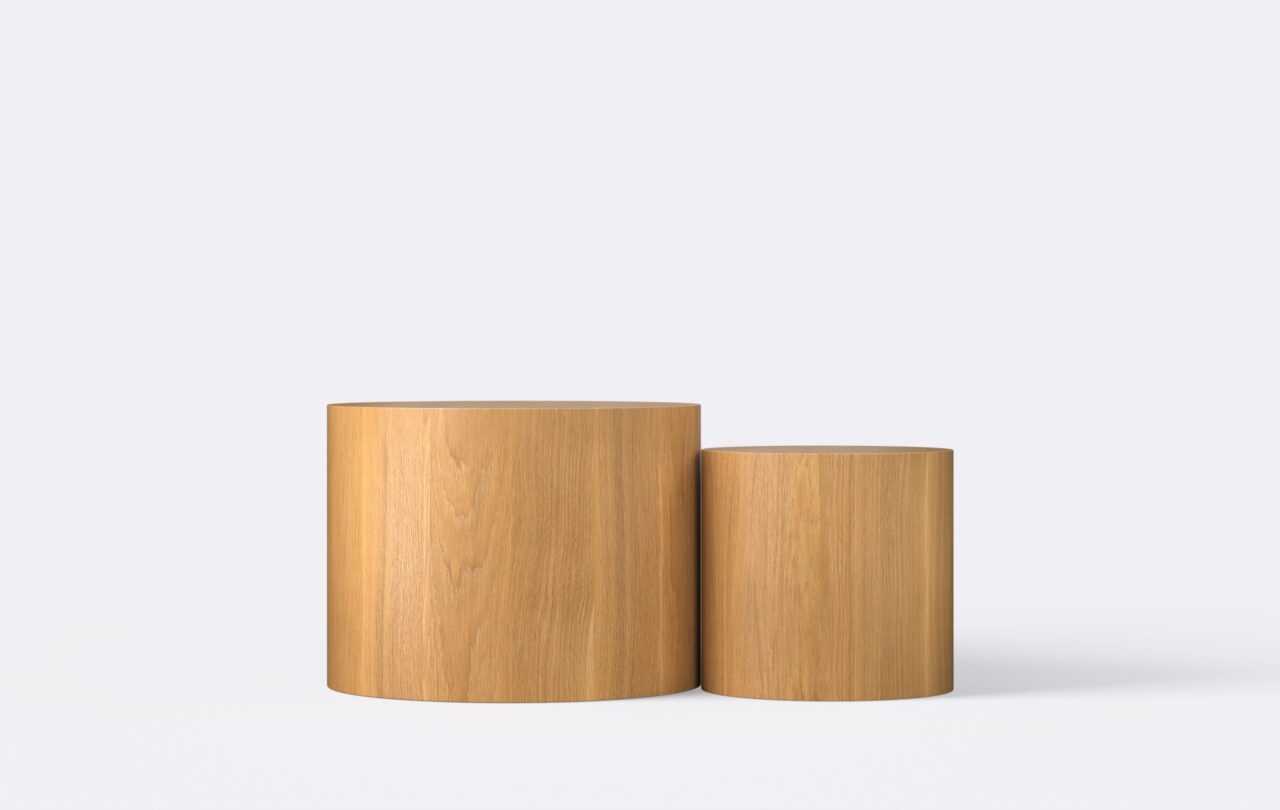 Zestaw dwóch stolików kawowych w stylu japandi, okrągłe, o naturalnym wybarwieniu, nowoczesne.