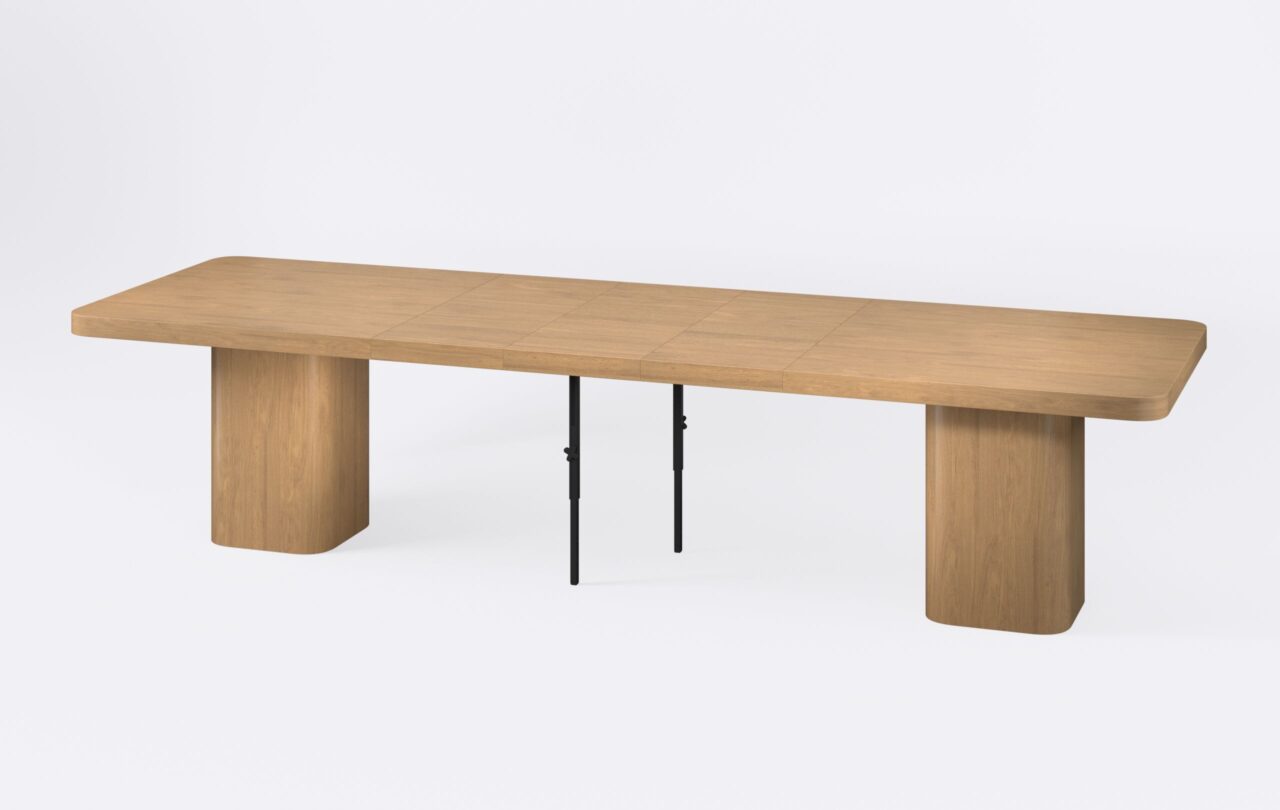 Nowoczesny stół do jadalni rozkładany, poszerzony o dwie wkładki.