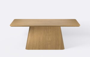 Stół do jadalni na jednej nodze, z forniru dębowego, kolor naturalny.