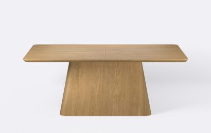 Stół do jadalni na jednej nodze, z forniru dębowego, kolor naturalny.