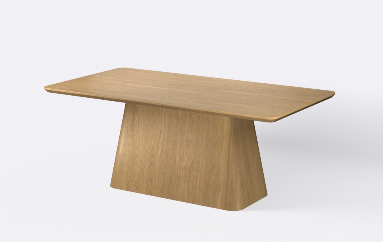 Nowoczesny stół z prostokątnym blatem, rozkładany, na stożkowej podstawie.