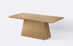 Nowoczesny stół z prostokątnym blatem, rozkładany, na stożkowej podstawie.