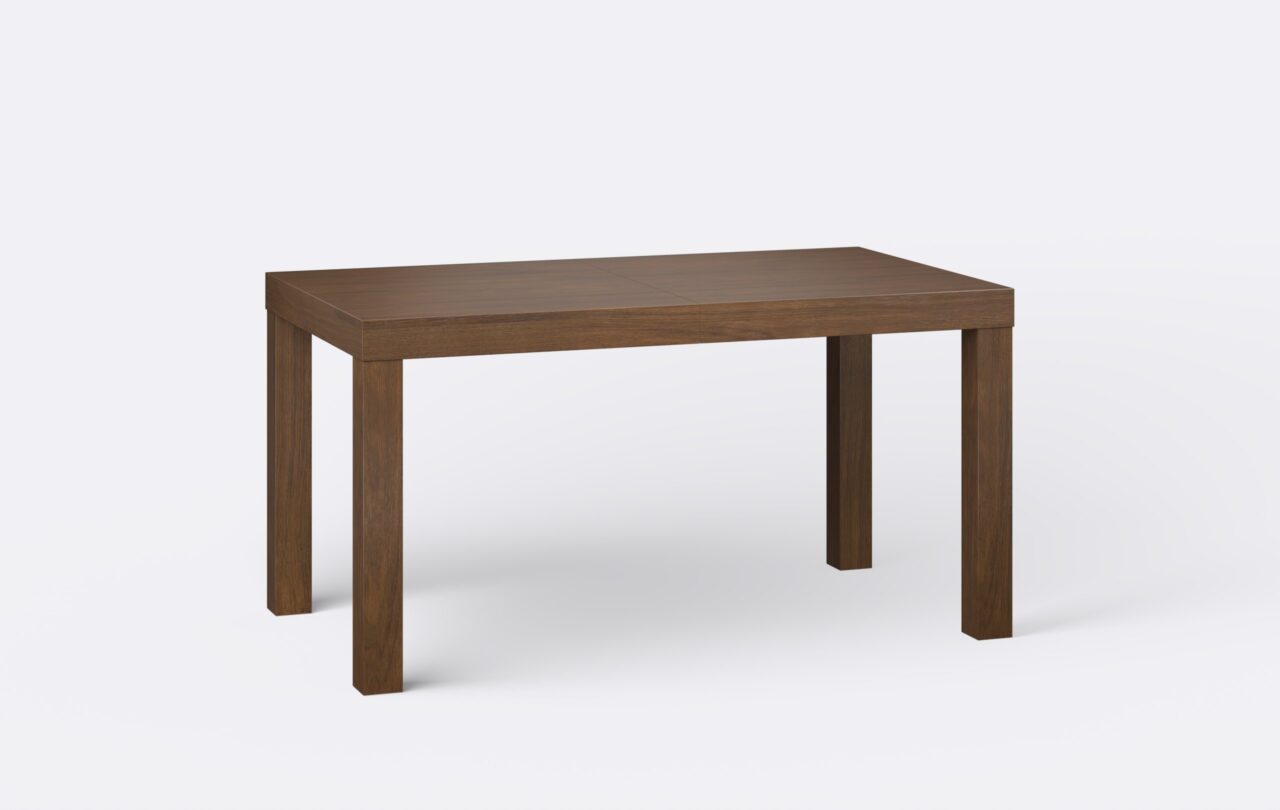 Minimalistyczny stół z prostokątnym blatem na kwadratowych nogach, możliwość rozłożenia.