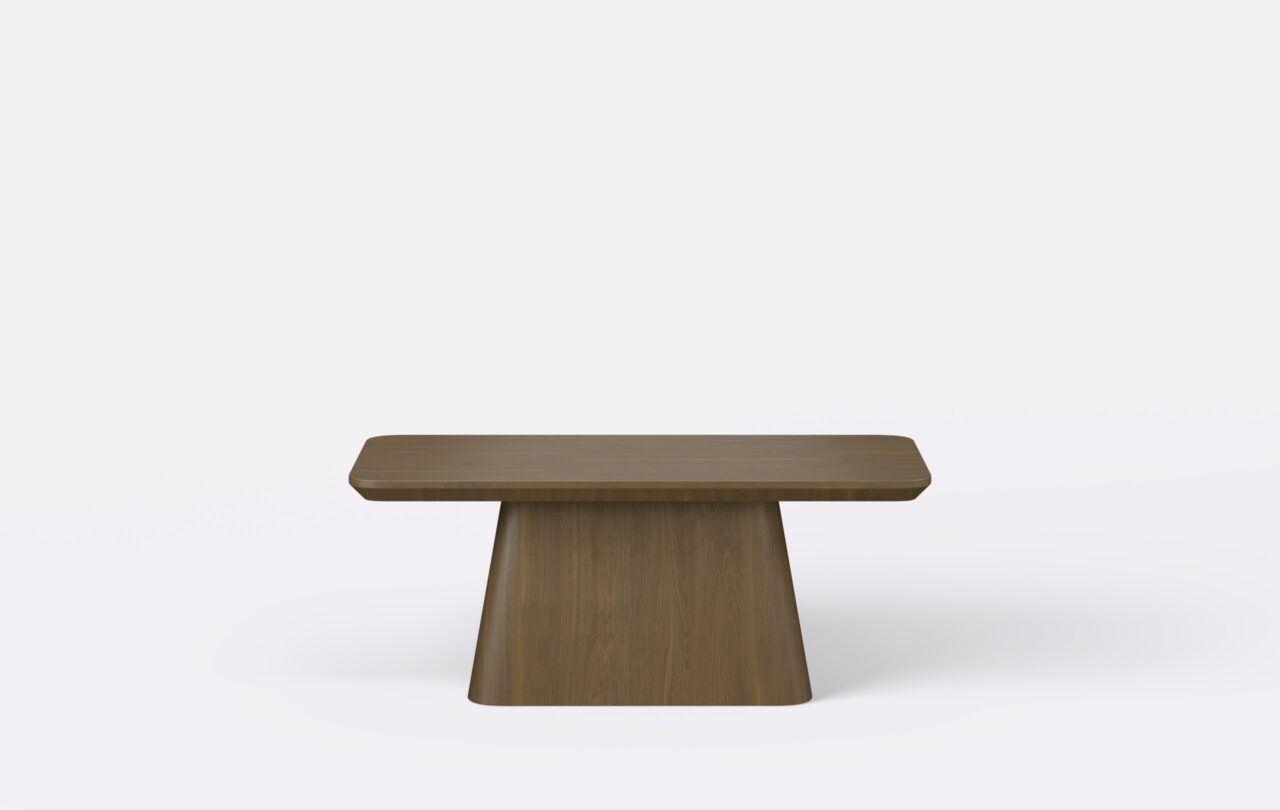 Stolik kawowy na stożkowej podstawie, krawędź blatu podcięta od dołu.