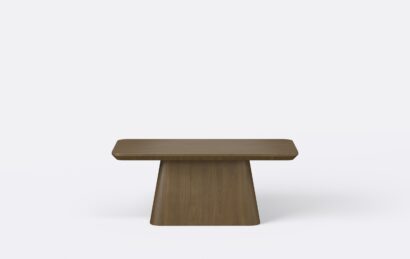 Stolik kawowy na stożkowej podstawie, krawędź blatu podcięta od dołu.