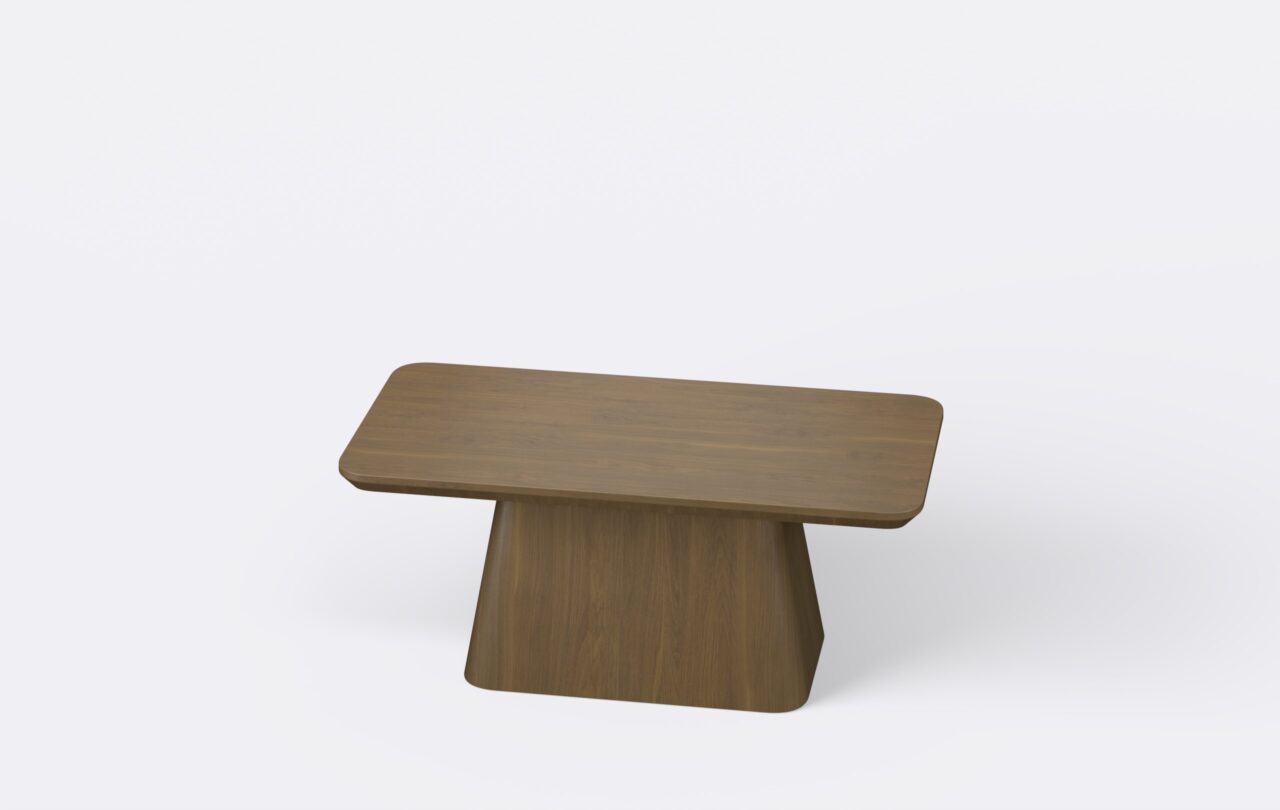 Ława do salonu w kolorze orzecha, kształt blatu prostokątny.