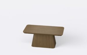 Ława do salonu w kolorze orzecha, kształt blatu prostokątny.