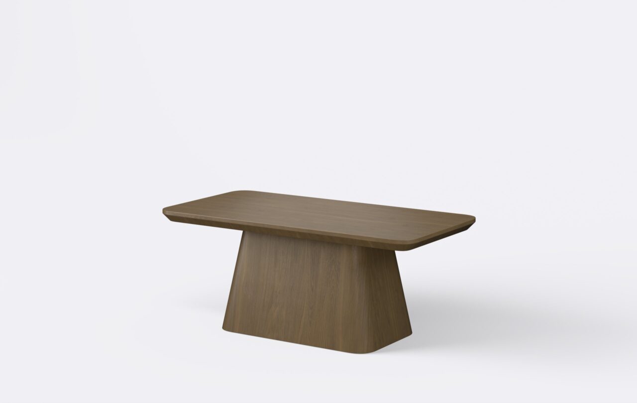 Stolik kawowy prostokątny do dużego salonu, wykonany z naturalnego forniru dębowego, kolor ciemny orzech.