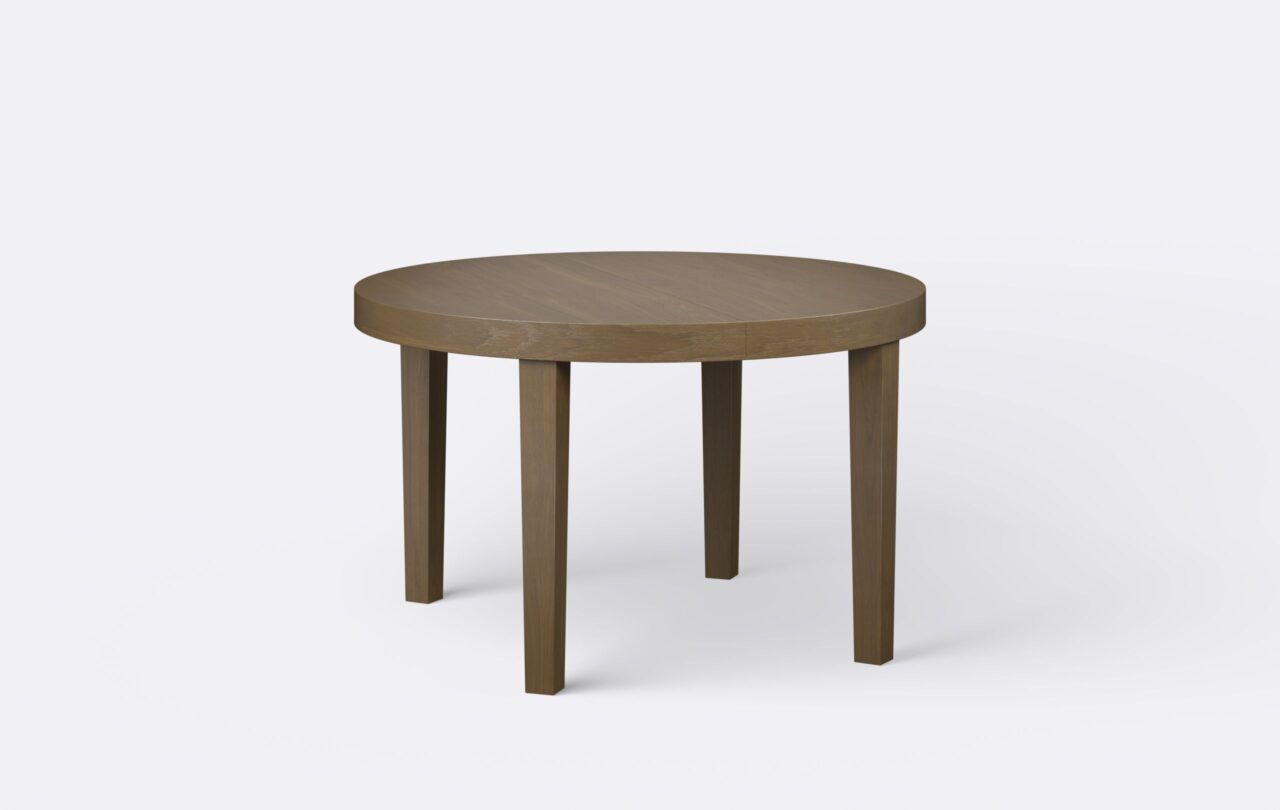 Ciemny dębowy stół na czterech nogach w kształcie stożka, możliwość rozłożenia.