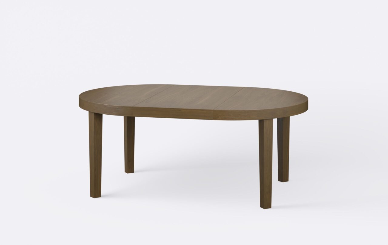Klasyczny rozłożony stół z jedna wkładką, noga w kształcie stożka, o kolorze ciemnego orzecha.