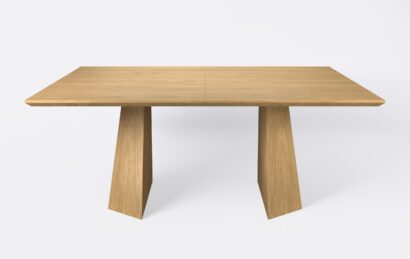 Nowoczesny stół na dwóch nogach w kolorze jasnego dębu, możliwość rozłożenia, fornirowany.
