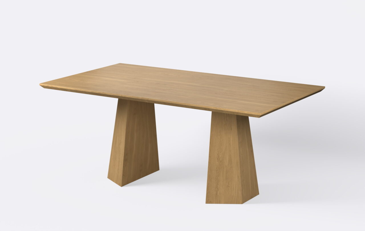Nowoczesny stół na dwóch nogach w kolorze jasnego dębu, możliwość rozłożenia, fornirowany.