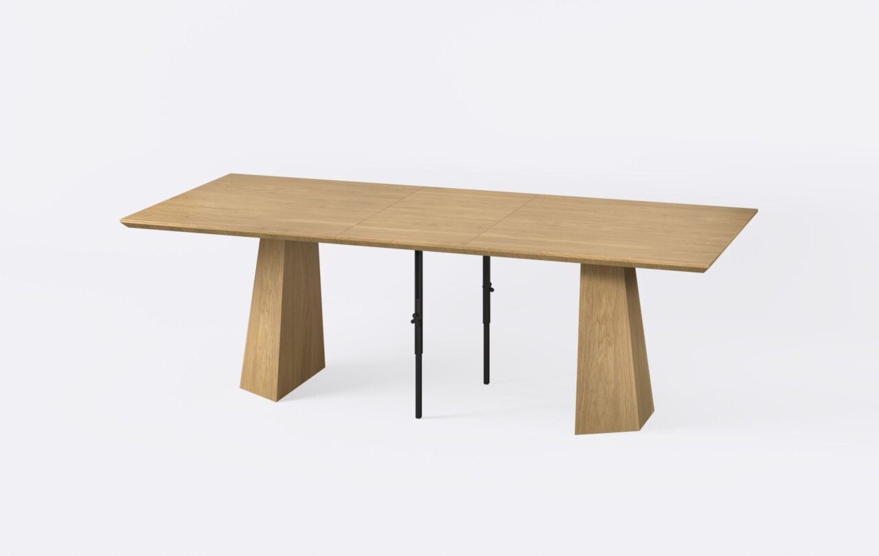 Stół prostokątny rozłożony, z jedną wkładką, wykonany z płyty fornirowanej.