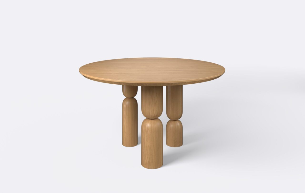 okrągły stół w stylu japandi na trzech nogach, krawędź podcięta.