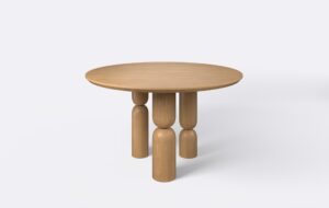 okrągły stół w stylu japandi na trzech nogach, krawędź podcięta.