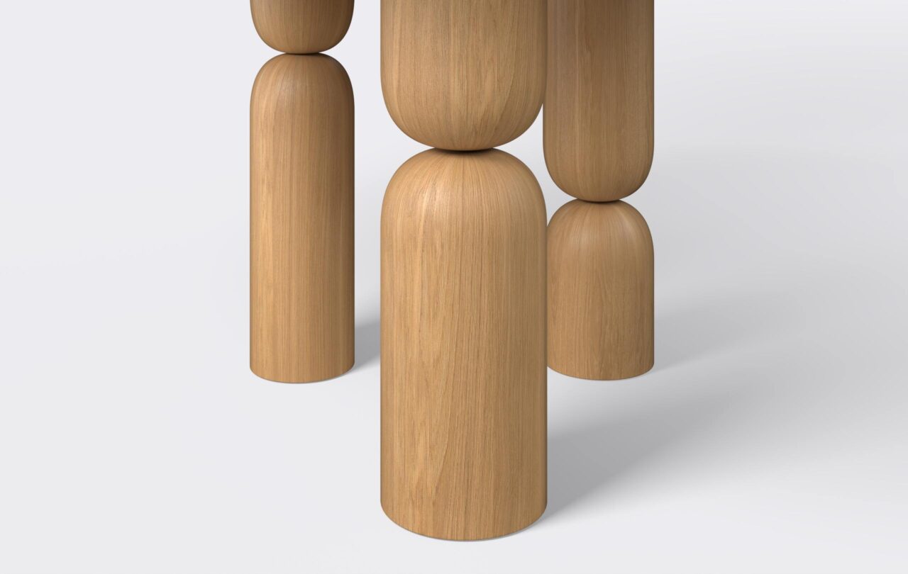 stół do jadalni na trzech nogach, frezowane nogi w stylu japandi.