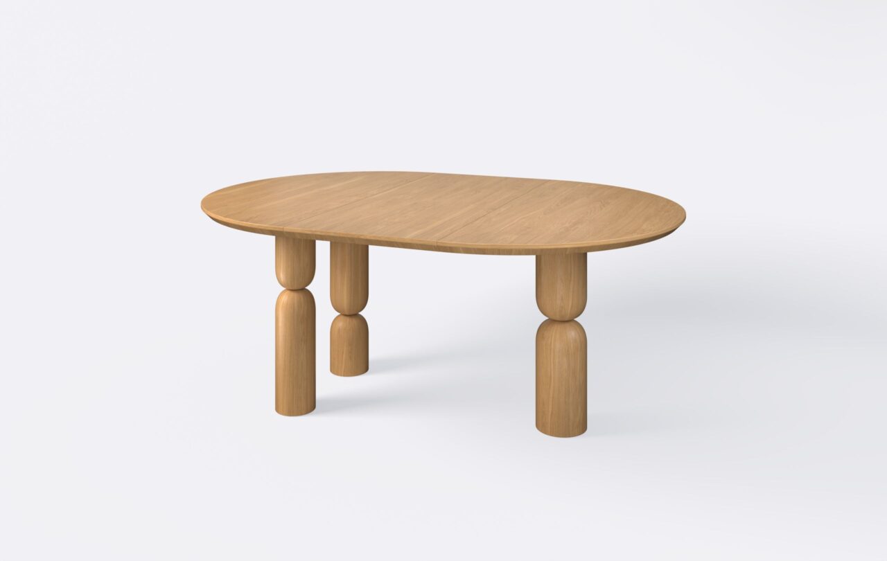 rozłożony stół w stylu japandi, nogi z litego drewna.