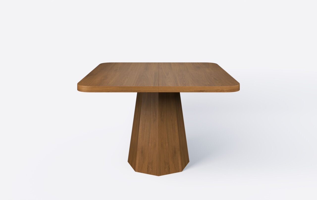 Kwadratowy stół na podstawie z obłym blatem, fornirowany, w minimalistycznym stylu.