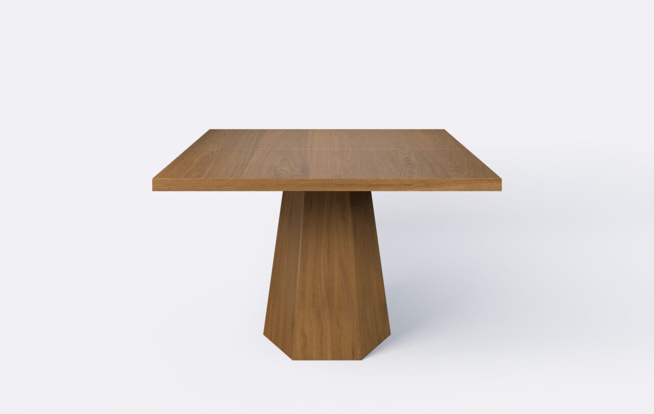 Kwadratowy stół na jednej nodze z funkcją rozkładania, podstawa w kształcie sześciokąta.