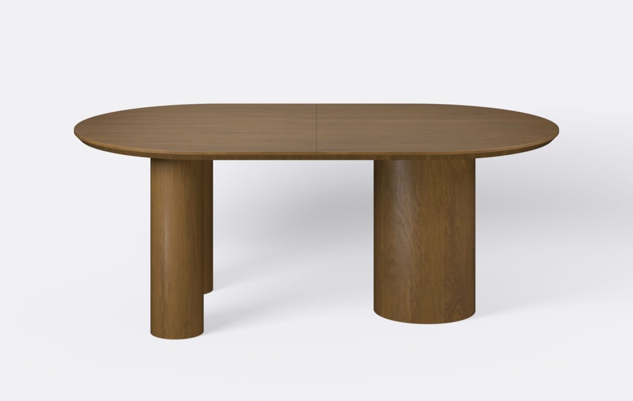 owalny stół rozkładany na trzech nogach, stół w kolorze orzecha.