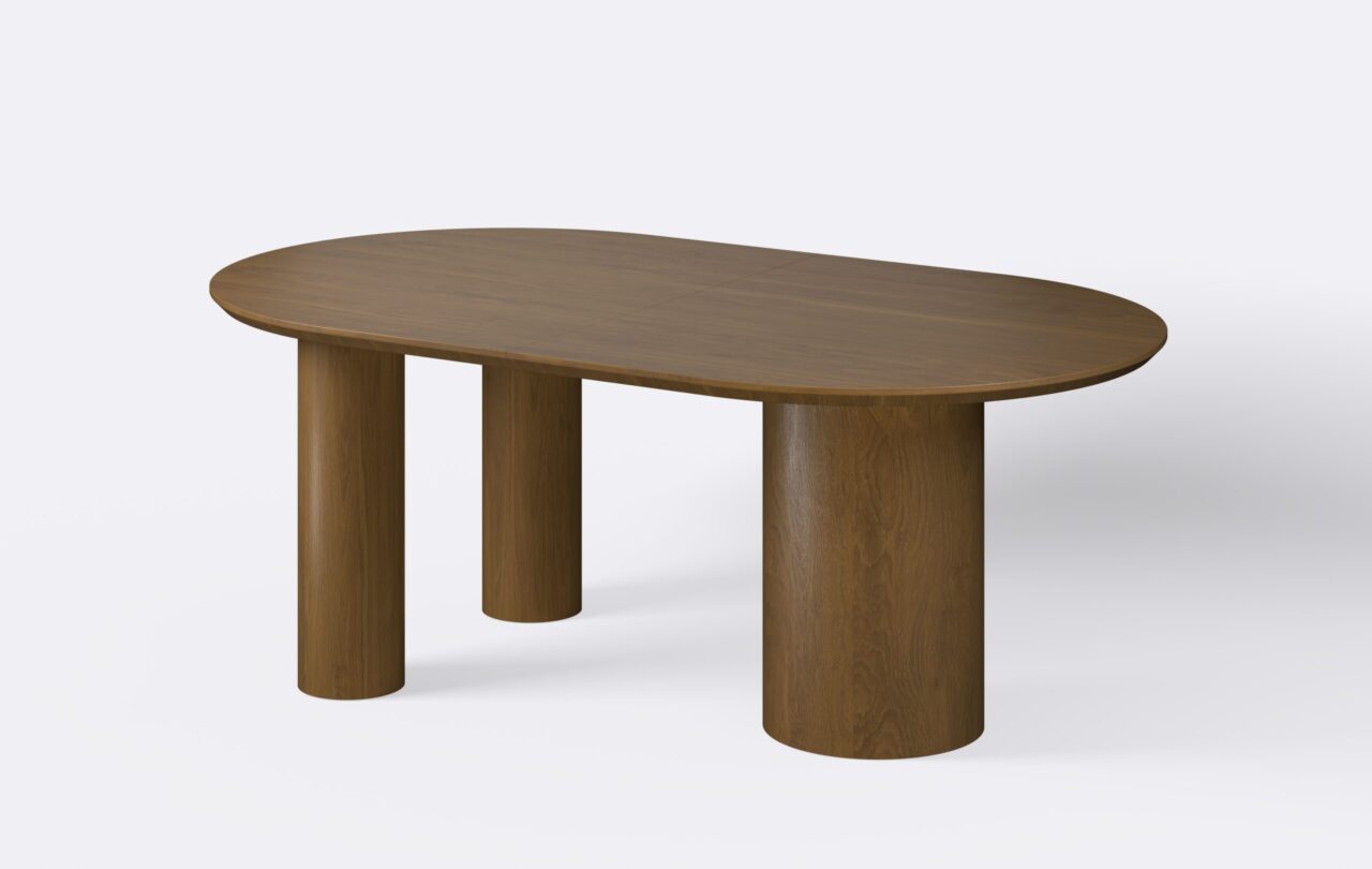 nowoczesny stół na trzech nogach, owalny blat.