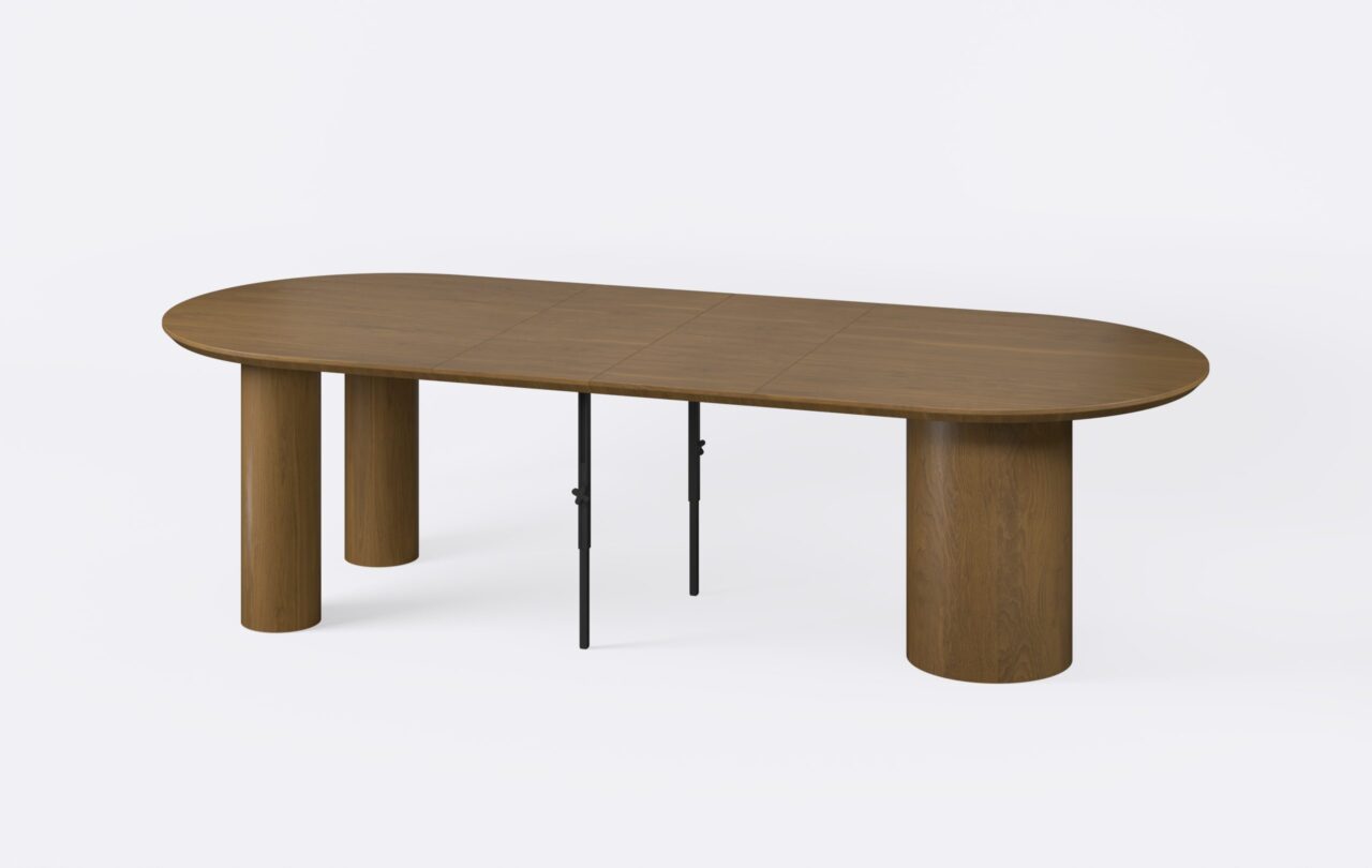 rozłożony stół owalny, stół do jadalni, blat z naturalnego forniru dębowego.