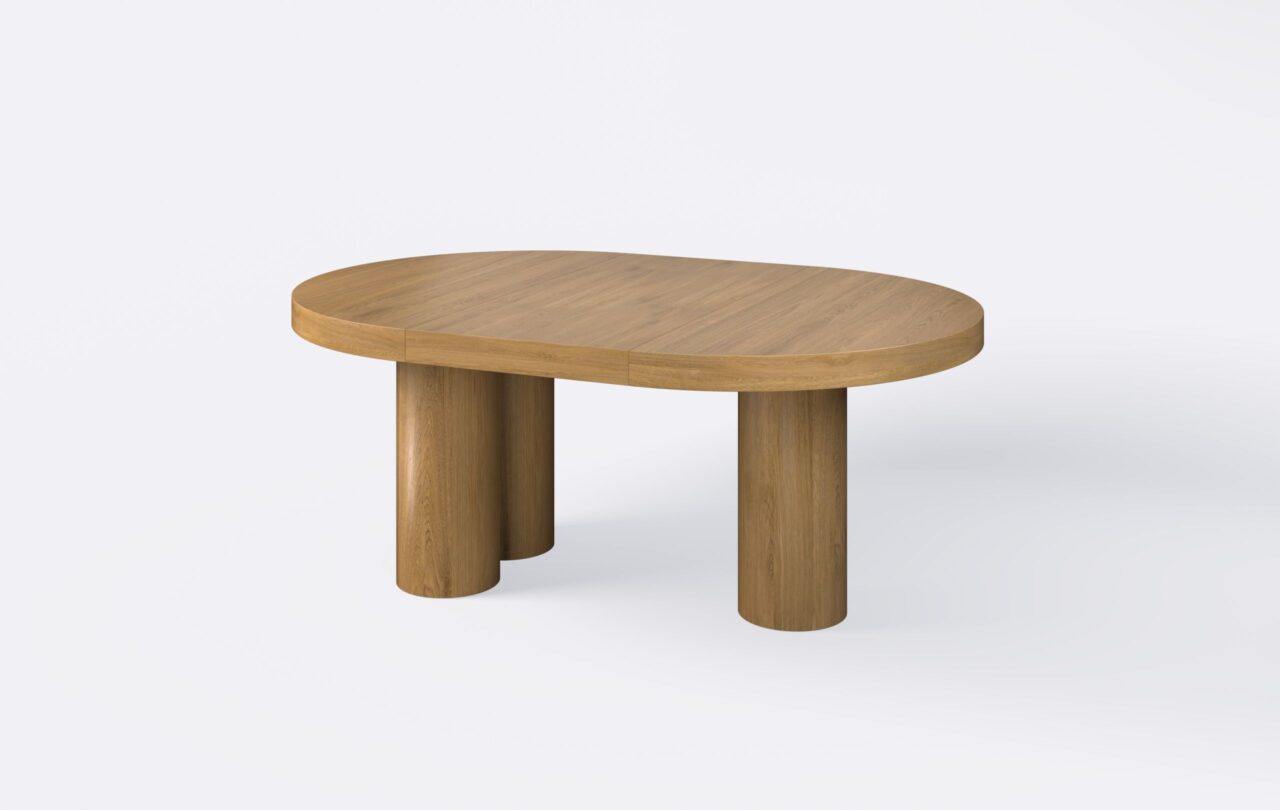 Rozłożony stół z grubym blatem na trzech nogach, wykonany z naturalnego forniru.