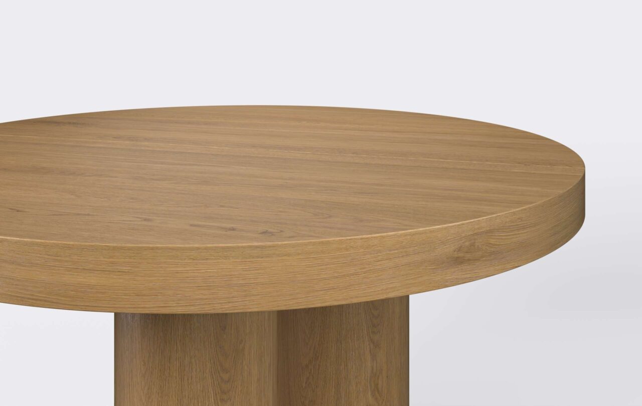 Okrągły stół z grubym blatem, blat wykonany z naturalnego forniru dębowego, funkcja rozkładania.