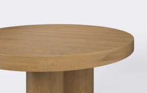 Okrągły stół z grubym blatem, blat wykonany z naturalnego forniru dębowego, funkcja rozkładania.